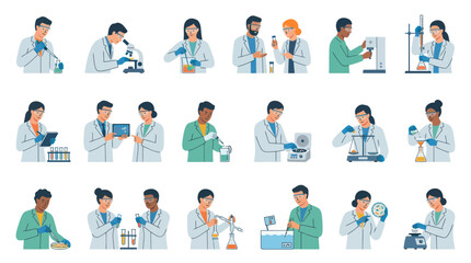 Fototapeta premium Scientists in Lab Coats Performing Experiments in a Modern Laboratory Flat Vector Set
