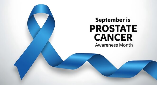Blue awareness ribbon for prostate cancer month with text on light background