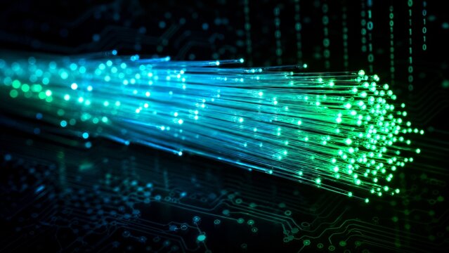 Detailed horizontal bundle of fiber optic cables emitting cyan, turquoise, and neon green light. Tips glowing like tiny bokeh dots against a dark background with binary code