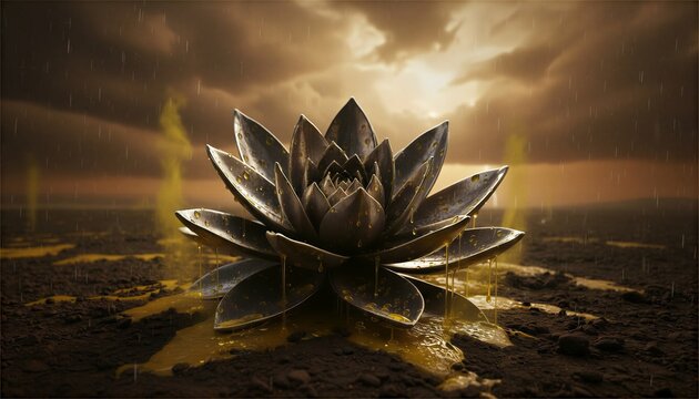 Hardy alien succulent with iridescent chrome armor petals. Yellow acid droplets on metallic surface under a stormy ochre sky with sulfur bubbles
