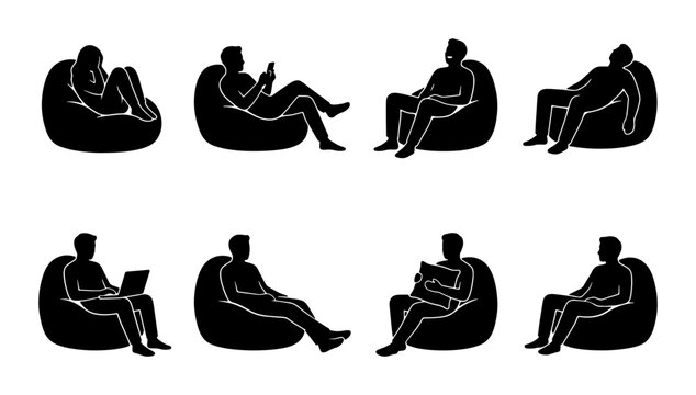 Relaxed Silhouettes, Bean Bag Chairs, Casual Poses, Modern Vector Icons Set for Lifestyle and Comfort Concepts