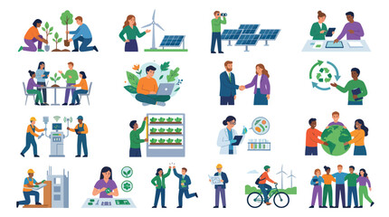Fototapeta premium Flat Vector Illustrations: People Engaging in Sustainable Green Technology and Environmental Activities