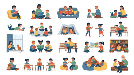 Fototapeta premium Diverse children reading books in various settings, education learning flat vector illustration