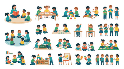 Naklejka premium Children Learning and Playing Together in Kindergarten, Flat Illustration Style
