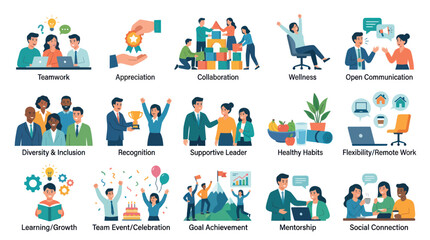 Fototapeta premium Business Workplace HR Concepts Flat Vector Illustration Set for Teamwork, Diversity, Wellness Success.