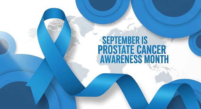 Blue awareness ribbon for prostate cancer month with global background and text