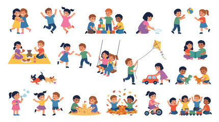 Fototapeta premium Happy Diverse Children Playing Collection. Flat Vector Illustration of Kids Childhood Development, Fun Activities, Boys and Girls