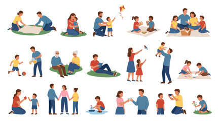 Fototapeta premium Flat Vector Illustration Set of Family Lifestyle, Parenthood, and Childhood Activities Outdoors