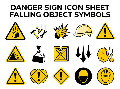 A graphic sheet featuring fifteen yellow and black hazard warning icons related to falling objects and construction safety