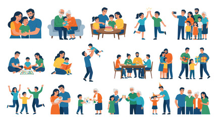 Fototapeta premium Happy Family Moments Flat Vector Illustrations Set