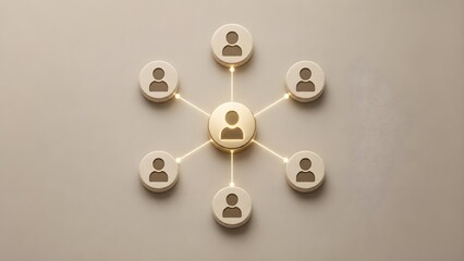 Obraz premium Hexagonal network diagram of beige circular blocks with user icons connected to a central leader representing harmonious team collaboration and business structure