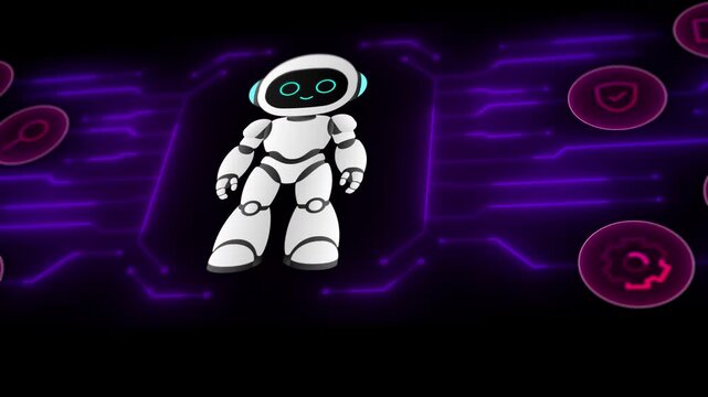 Animated digital screen featuring neon purple artificial intelligence robot icon with data circuits.