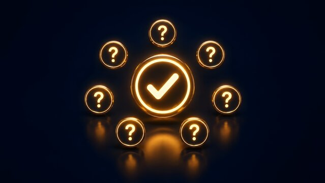 Glowing golden checkmark symbol surrounded by question marks representing problem solving and finding the right answers.