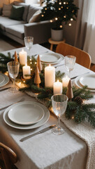 Fototapeta premium Hyperrealistic luxury Christmas dining table setting with elegant china crystal glasses gold cutlery festive centerpiece candles and sophisticated holiday decor in fine editorial photography style