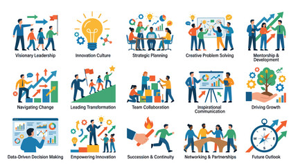 Fototapeta premium Flat Business Management Leadership Vector Illustration Set: Diverse Teams, Growth, Innovation, Development Concepts