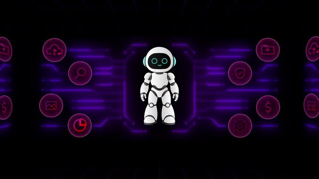 Flat tech interface focusing on interactive artificial intelligence chatbot circles and software nodes.