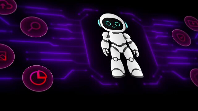 Angled 3D room perspective tracking robotic artificial intelligence helper dashboard loops.