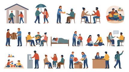 Fototapeta premium Flat Style Vector Icons Illustrating Diverse Acts of Kindness and Community Support