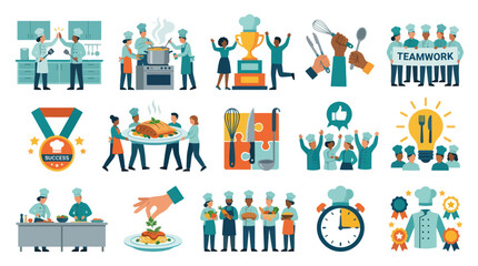 Naklejka premium Flat Design Culinary Teamwork, Chef Cooking, and Restaurant Industry Success Concepts Illustration Set