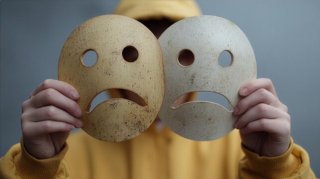Person in a yellow hoodie holding up two wooden masks, one sad and one happy, depicting bipolar disorder or masking emotions.