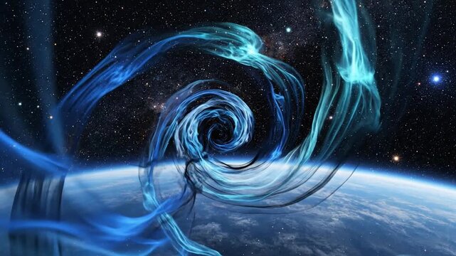 Blue cosmic energy ribbons rotating slowly above a planet atmosphere in dark space