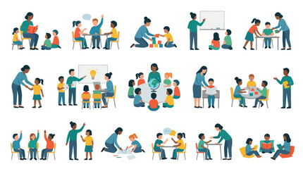 Fototapeta premium Flat Vector Education Illustration Set: Teachers and Children Learning and School Activities