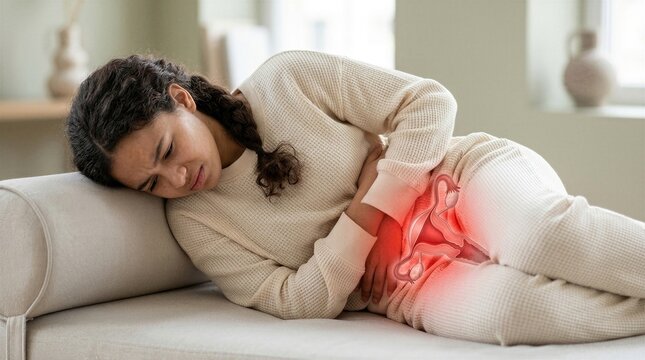 Woman suffering from severe abdominal pain while lying on sofa. Visualization of uterine cramp and internal organ inflammation. Healthcare concept for menstrual disorder or illness diagnosis.