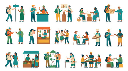 Fototapeta premium Flat Illustration of Diverse People Engaging in Travel, Food, and Social Activities