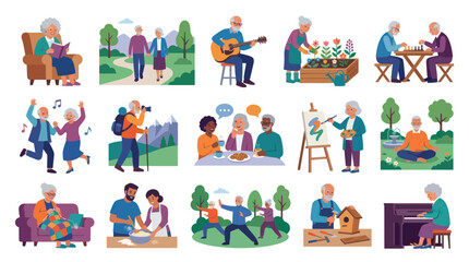 Fototapeta premium Elderly People Enjoying Hobbies and Activities Flat Design Illustration