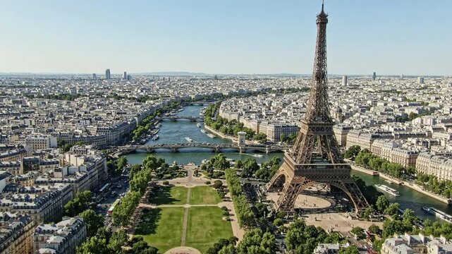 Aerial view of eiffel tower and seine river in paris, france: iconic cityscape landmark and travel destination for tourism and cinematic backgrounds