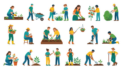 Fototapeta premium Gardening and Horticulture Flat Illustration Set: Diverse People Planting, Watering, Harvesting Vegetables and Flowers