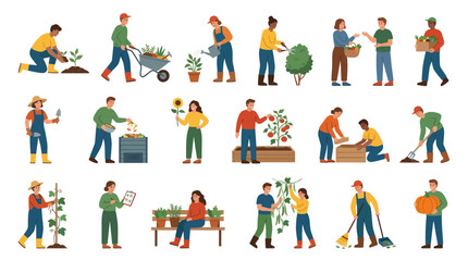 Fototapeta premium Flat Illustration Set of Gardeners: Diverse People Engaged in Various Horticulture Activities