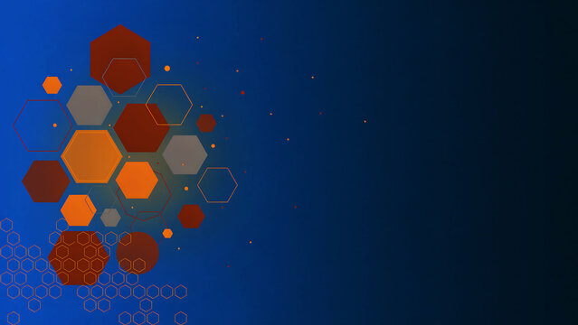 Abstract background with orange and red hexagon shapes on a dark blue gradient backdrop