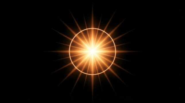 Radiant golden sunburst or starburst light effect with a circular ring and sharp rays of light on a black background, glowing and intense
