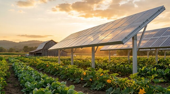 Solar panels above sustainable agricultural crops at sunset