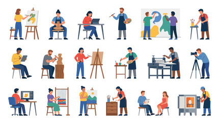 Fototapeta premium Flat Vector Illustration Set: Diverse Artists Engaged in Creative Arts and Hobby Activities