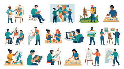 Fototapeta premium Flat Vector Illustration of People Engaging in Art and Creative Hobbies like Painting, Drawing, and Digital Art