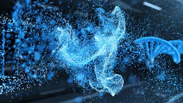 Blue DNA double helix dissolving into glowing particles for genetic research and biotech