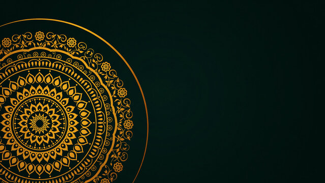 Colorful circular mandala pattern design with golden floral elements on a dark black background