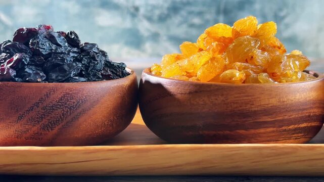 Three raisin varieties in wooden bowls revealed by smooth rightward camera movement on a rustic tabletop