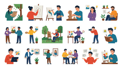 Fototapeta premium Artistic Creativity Flat Design Vector Illustrations: People Drawing, Painting, Sculpting, Photography, and Creative Process
