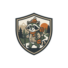 Obraz premium Cute Raccoon Hiker Emblem with Mountains and Trees - Vector Illustration