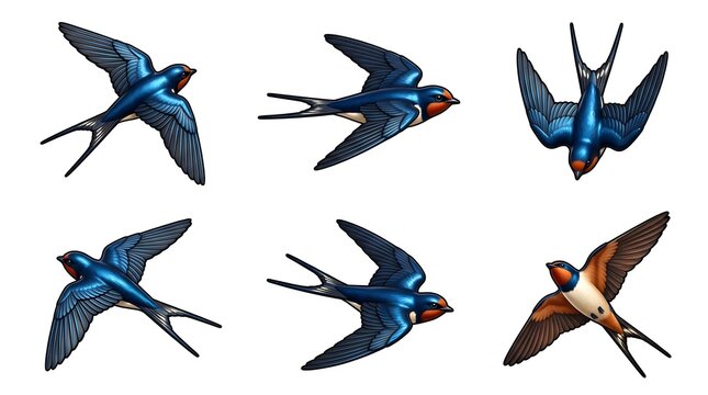 Six blue swallow birds collection set cute cartoon swallow illustrations isolated on white background