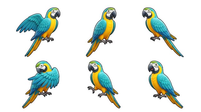 Six macaw parrots collection set cute cartoon blue and yellow macaw illustrations isolated on white background