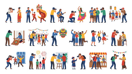 Fototapeta premium Flat Art Illustration of Diverse People Capturing Cultural Festival Moments with Cameras