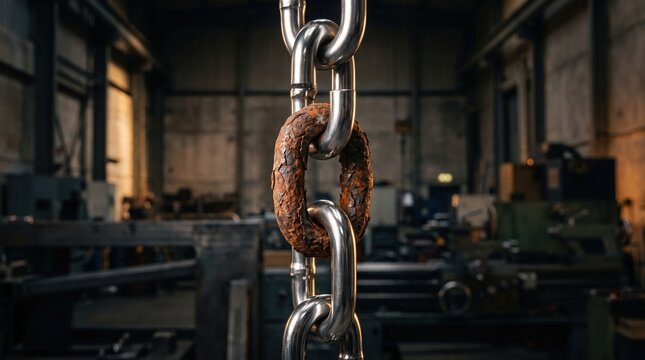 A single rusted link in a strong, clean steel chain, symbolizing a weak link, vulnerability, or failure in a system.