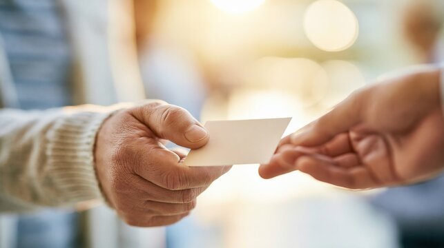 Close-up of two hands exchanging a blank business card in a warm, sunlit environment, symbolizing networking and connection