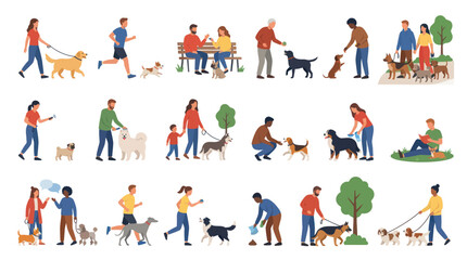Fototapeta premium People and Dogs Interacting Flat Vector Illustration Set. Dog Owners Walking, Playing, Training, and Caring for Pets in Park