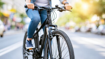 Fototapeta premium Person Riding Electric Bicycle on City Street During Golden Hour Sunlight, Sustainable Urban Commute