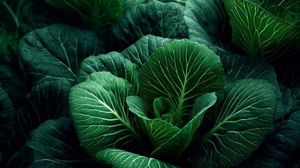 Obraz premium Abundance of Freshly Harvested Collard Greens with Rich Color and Textural Patterns from the Garden
